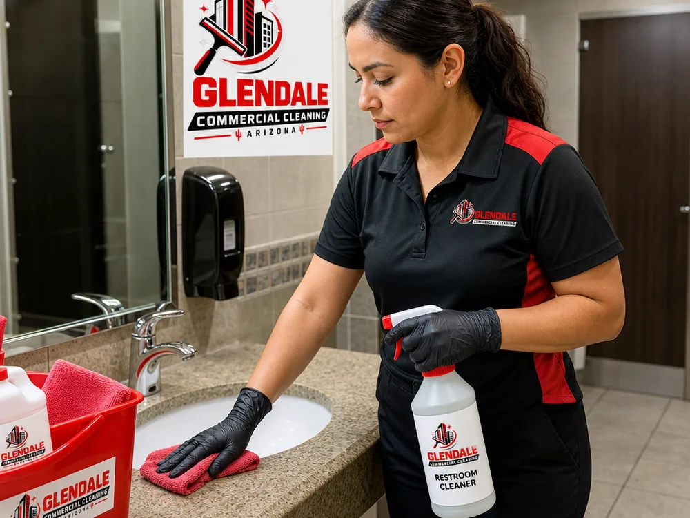 Cleaner sanitizing fixtures in a well-lit commercial restroom